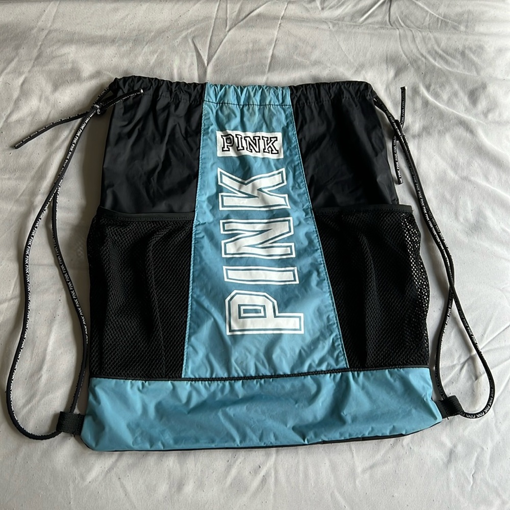 Victorias Secret PINK Drawstring Backpack Nylon light Blue and Black School